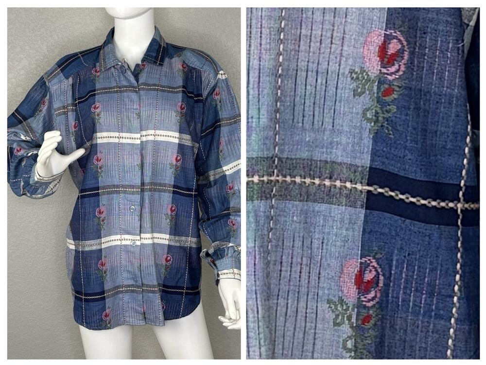 Vtg 90s Womens Angelique Button UpShirt Floral Embroidered Plaid Bishop Slv Sz M